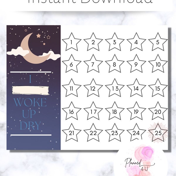 Reward Chart I Woke Up Dry Printable 2 size A4 and  8.5 x 11 inches Letter Size instant download 25 star to mark off when dry