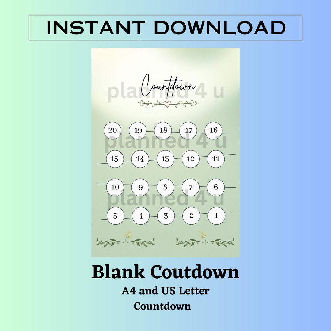 Green Blank 20 Day Countdown: Printable A4 and US Letter Tracker ...