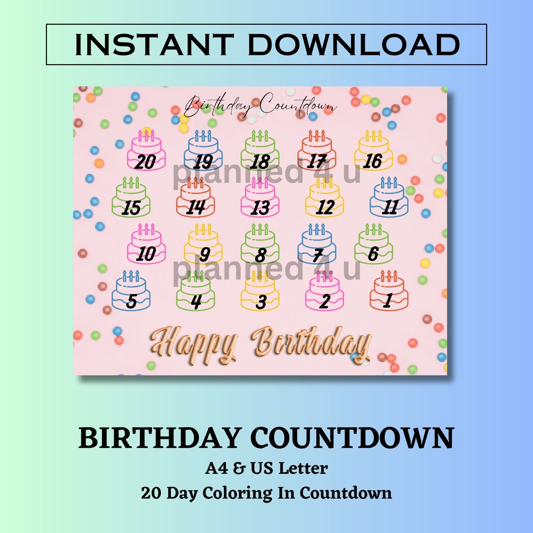 Pink Birthday Countdown, Printable, Advent Calendar, Instant Download ...