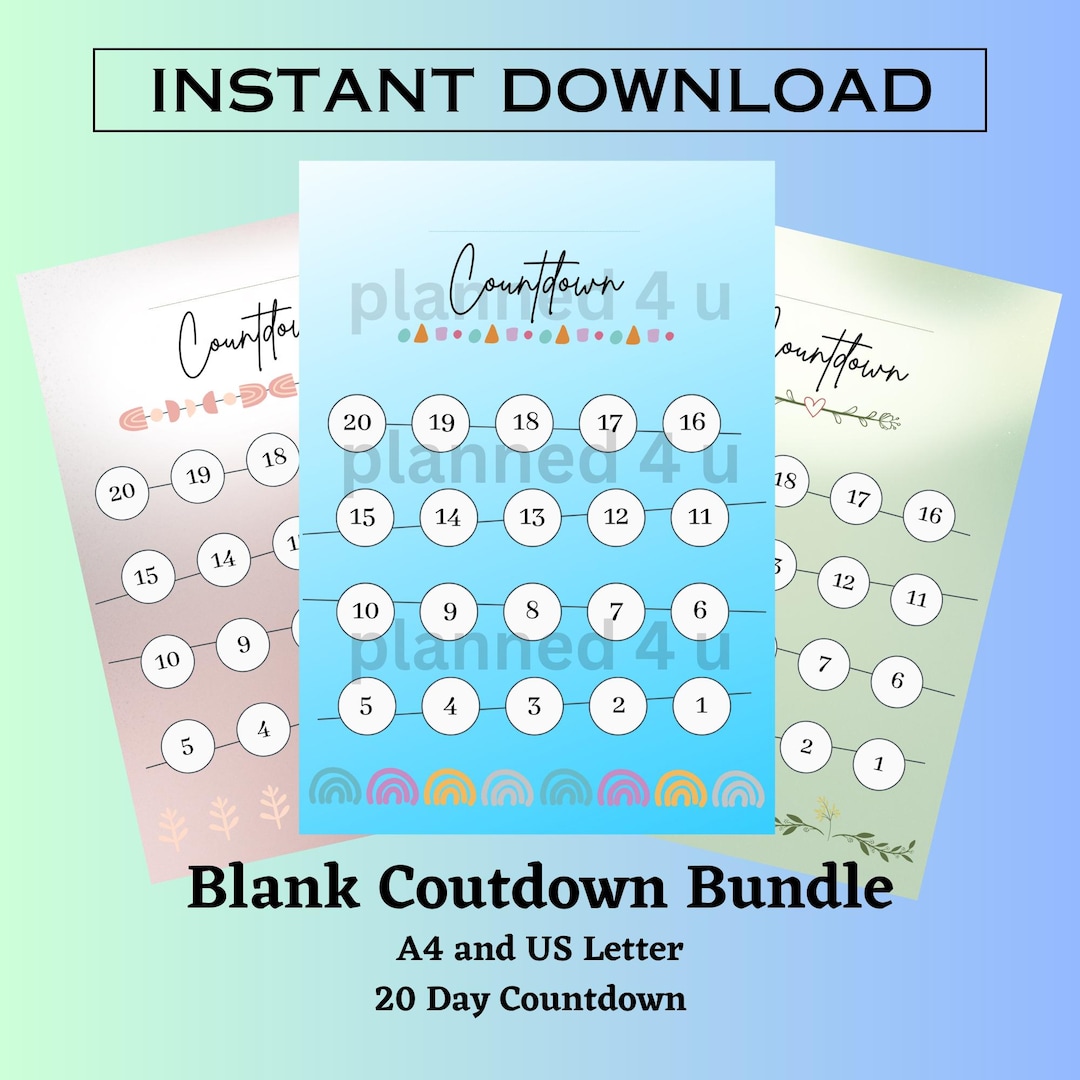 20 Day Countdown Tracker Bundle: Printable, Blank Design (instant ...