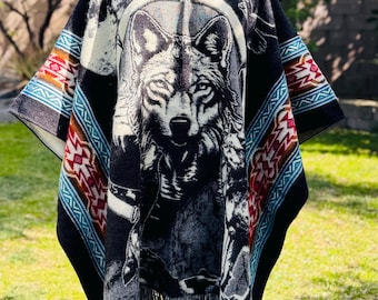 Native American Poncho, unisex hooded Alpaca wool cape, winter season clothing, wolf poncho.