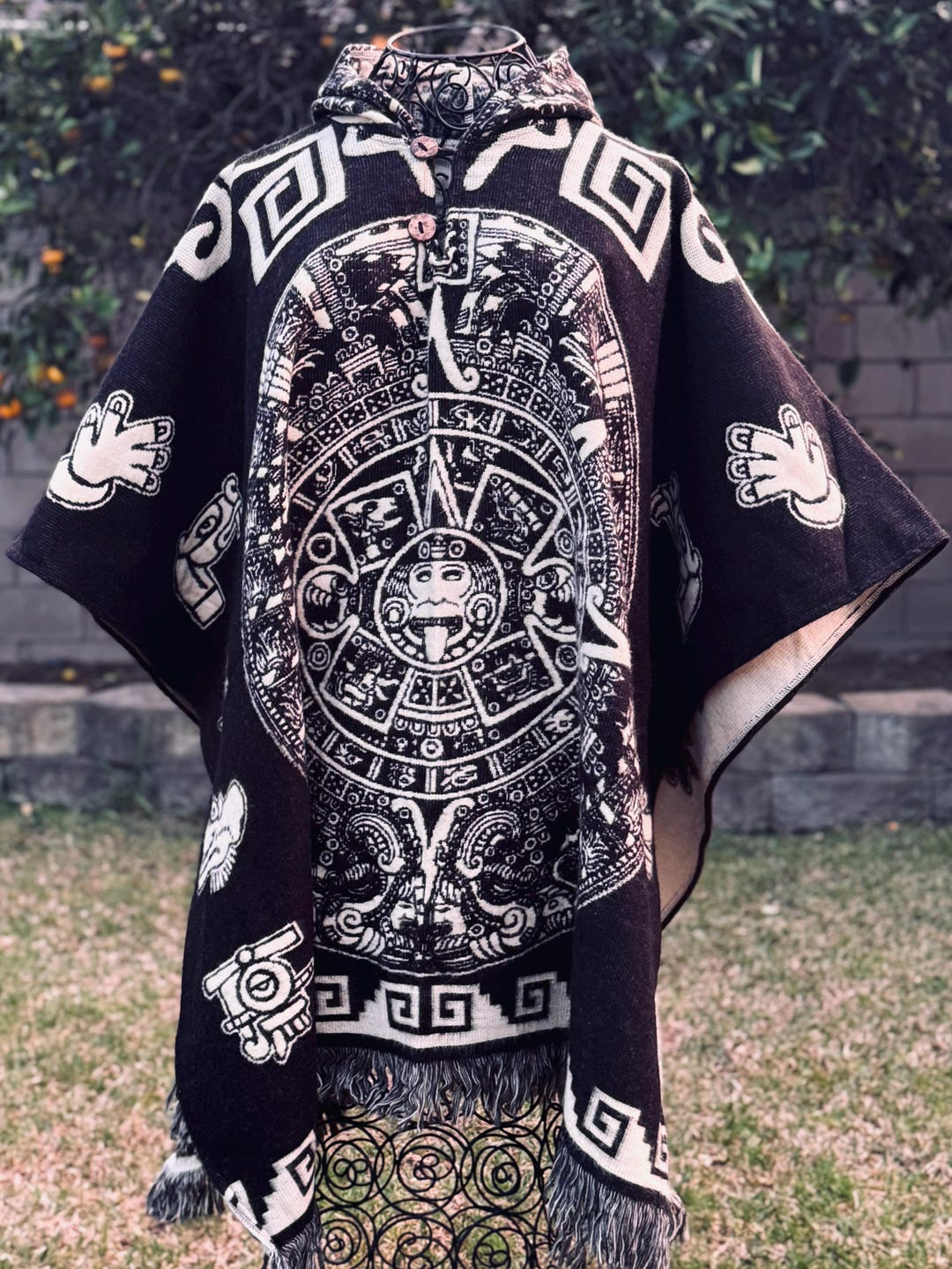 Aztec Calendar Alpaca Poncho, Unisex Hooded Alpaca Wool Cape, Winter ...