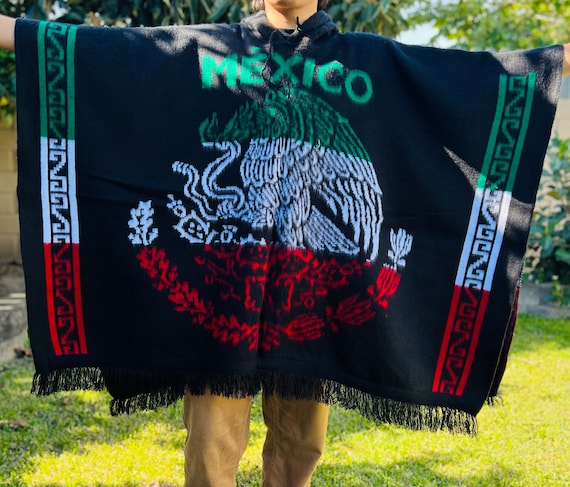 Mexican Flag Poncho - Black Unisex Serape With Eagle Emblem & Fringe, Handmade In Mexico - View #5