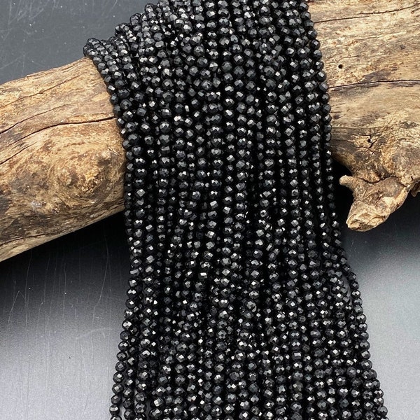 AAA Natural Black Tourmaline Gemstone Round Micro Faceted Beads | Sold by Strand 15.5" | Available 2mm 3mm 4mm | for Jewelry Making