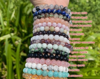 Natural Gemstone Amethyst 7 Chakra Rose Quartz Tiger Eye Jade Round 8 MM Smooth Beads Bracelet, Healing Gemstone Crystal Bracelet Gift