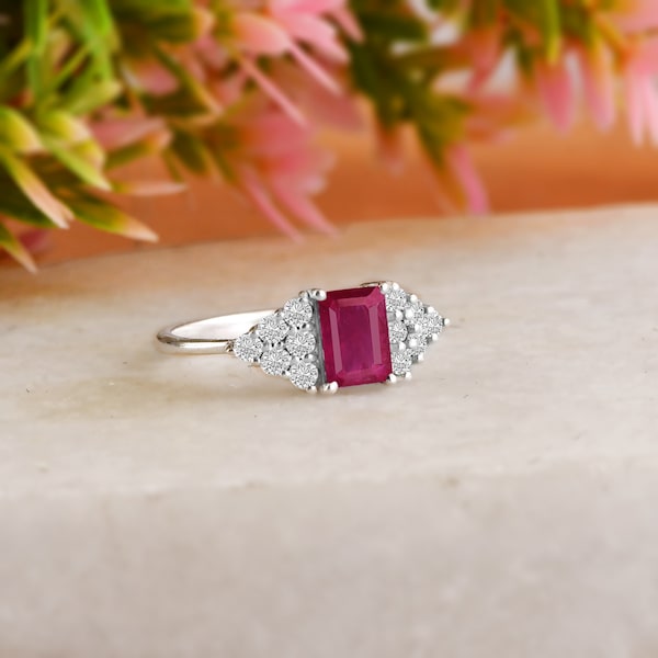 Natural Ruby Gemstone & Diamond 925 Sterling Silver Handmade Ring/Gift For Anniversary/Birthday/Christmas/July Birthstone