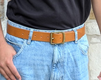 light brown Leather Belt - 1.5 inch, Brass Buckle, Full Grain real leather