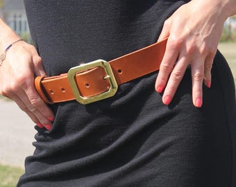 Statement Buckle Tan leather belt- Made In Canada