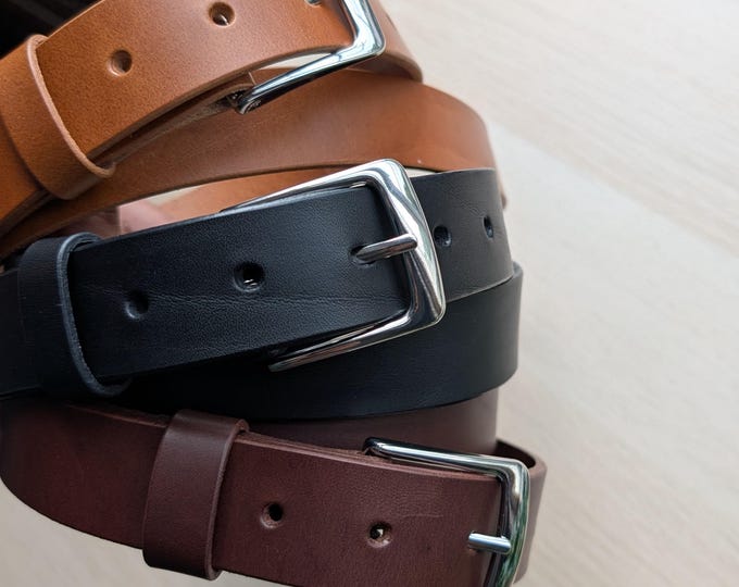 Featured listing image: Black Leather belt, 1.2 inch wide, made with full-grain leather in Canada.