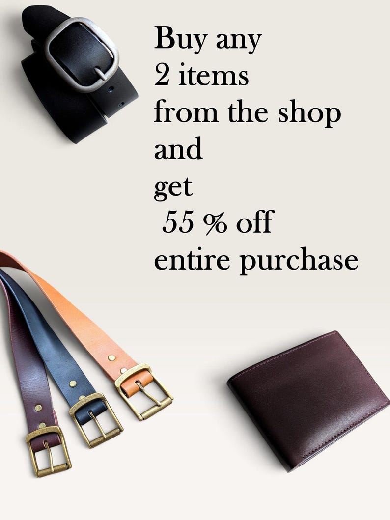 May include: A black belt with a silver buckle, three belts in purple, blue, and tan with brass buckles, and a dark brown wallet. The text reads: Buy any 2 items from the shop and get 55 % off entire purchase.