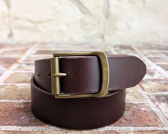 Brown Leather Belt - 1.5 inch, Brass Buckle, Full Grain real leather