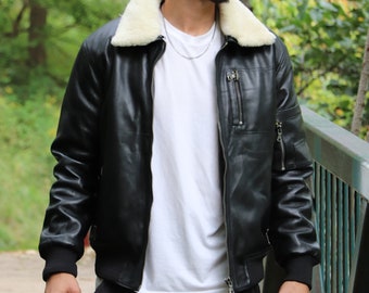 Aviator Black Leather Jacket Men Real Lamb Fur Bombardier style Pilot style B3 leather jacket- Bomber leather jacket