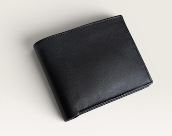 Black Leather Bi-Fold Wallet with Coin Pocket, Black, Maroon