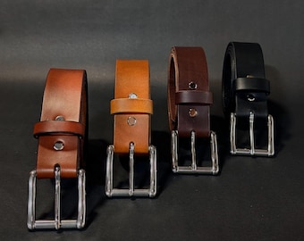Leather belt with Roller buckle, full-grain veg tan leather