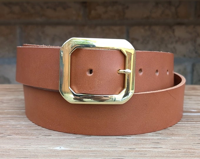 Big buckle leather belt, handmade in Canada