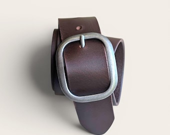 Women's Full Grain Leather Belt, 1.5 Inch Wide Oval Buckle, made in Canada