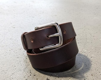 Dark brown Slim Leather belt, handmade in Canada.
