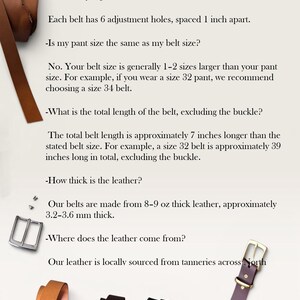 May include: An FAQ graphic for leather belts featuring text about adjustment holes, sizing, total length, and thickness. The image includes a tan leather belt, a silver buckle, and a dark brown belt with a gold buckle, all on a light background.