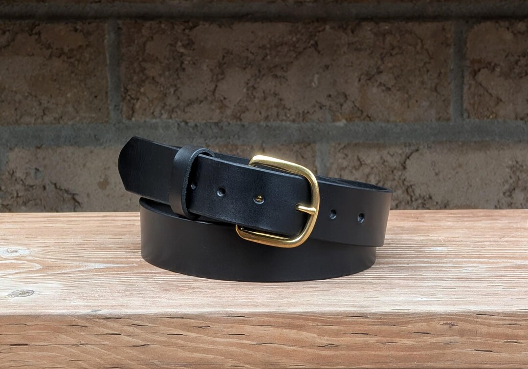 Handmade Brass Buckle Black Leather Belt, 1.5 Inch, Full  display picture 1