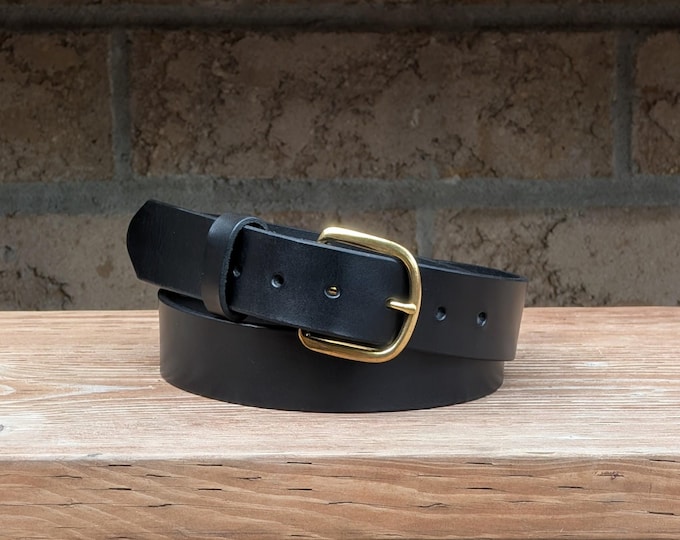 Handmade Brass Buckle Black Leather Belt, 1.5 inch, Full Grain leather