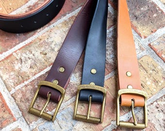 Black Leather Belt - 1.5 inch, Brass Buckle, Full Grain real leather