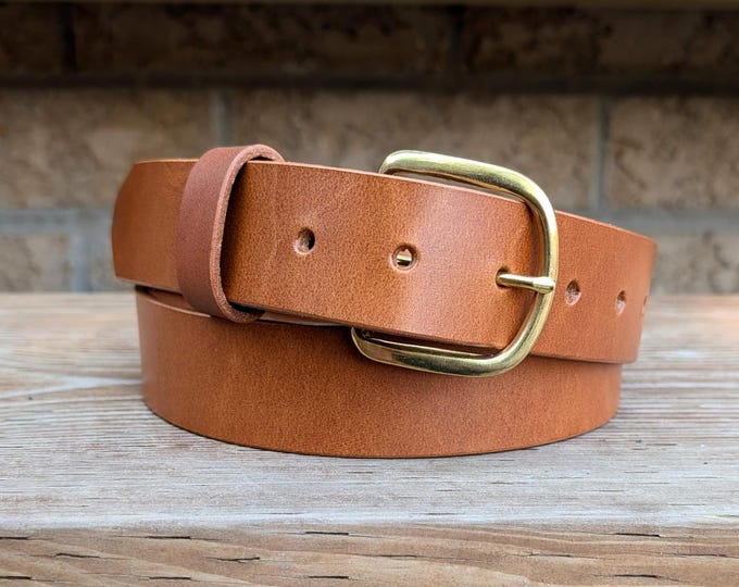 Handmade Tan Brown Leather Belt, Brass Buckle, Veg Tan, Made in Canada