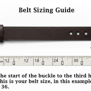 May include: A dark brown leather belt with a silver-toned metal buckle and two loops. A measuring tape positioned below shows the distance from the buckle to the third hole is 36 inches. Text reads: Belt Sizing Guide. From the start of the buckle to the third hole of the belt. This is your belt size, in this example the belt size is 36.