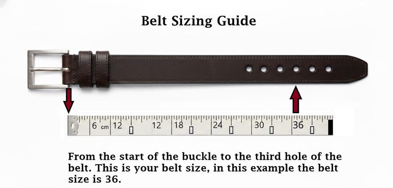 May include: A dark brown leather belt with a silver-toned metal buckle and two loops. A measuring tape positioned below shows the distance from the buckle to the third hole is 36 inches. Text reads: Belt Sizing Guide. From the start of the buckle to the third hole of the belt. This is your belt size, in this example the belt size is 36.