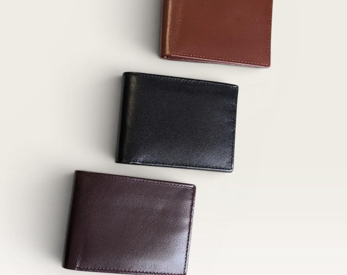 Black Leather Bi-Fold Wallet, Black, Maroon, Tan, slim wallet, full-grain leather wallet