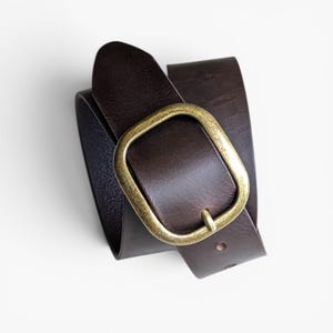 May include: A dark brown leather belt featuring a smooth, matte finish and a rounded, antique brass-toned metal buckle. The belt is coiled, showing the strap texture and the metallic sheen of the buckle hardware against a plain white background.