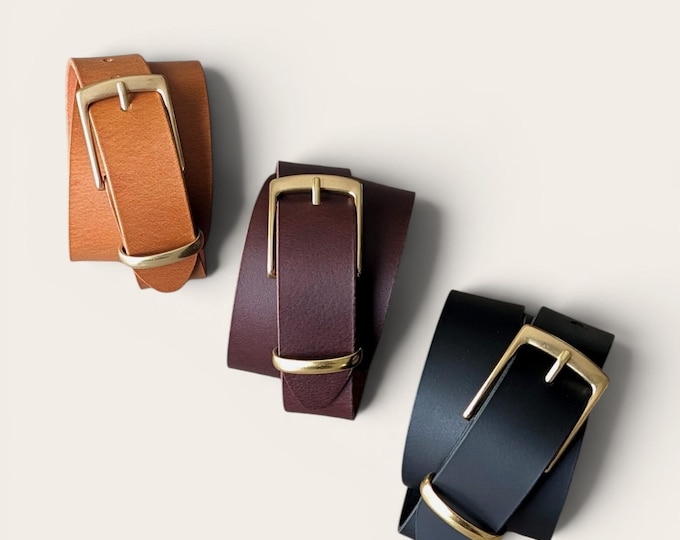Classic leather brass buckle belt, Full Grain leather belt, handmade in Canada, Father's Day Gift