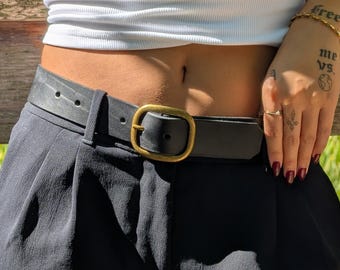 Wide Veg Tan Leather Belt: Golden Buckle, Handmade in Canada