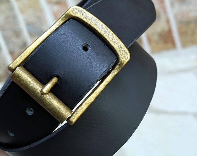 Antique brass Black leather belt - Handmade in Canada - Real leather belt