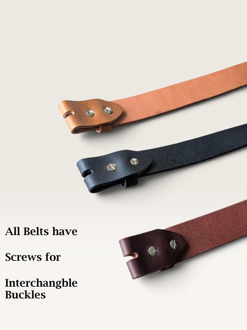 May include: Three leather belts in tan, black, and dark brown, each featuring two metal screws at the end for interchangeable buckles. The text on the left reads: All Belts have Screws for Interchangble Buckles.