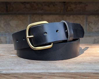 Slim Brass Buckle Tan Leather Belt: Handmade in Canada