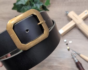 1-1/2 inch black leather belt with statement buckle - Full grain leather belt