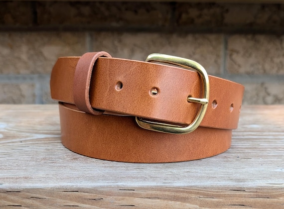 1'1/2 inch Brass buckle Tan Leather Belt, Casual Handmade Belt, Full grain Leather Belt, Made in Canada, Gift for him, Gift for her