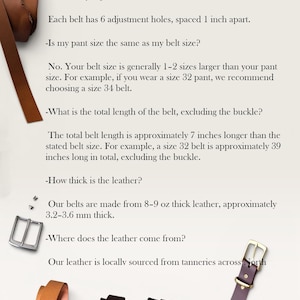 Peut inclure: Un graphique FAQ pour ceintures en cuir avec du texte sur les trous de r&eacute;glage, la taille, la longueur totale et l'&eacute;paisseur. L'image montre une ceinture en cuir beige, une boucle argent&eacute;e et une ceinture marron fonc&eacute; avec une boucle dor&eacute;e.