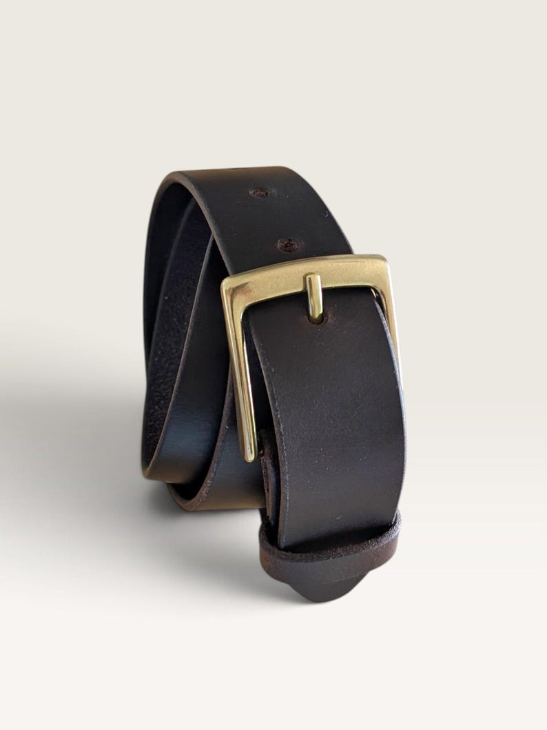 May include: A dark brown leather belt featuring a smooth finish and a rectangular brass-toned metal buckle. The belt is coiled, showing a single prong and a matching leather keeper loop near the buckle, with visible stitching along the edges.