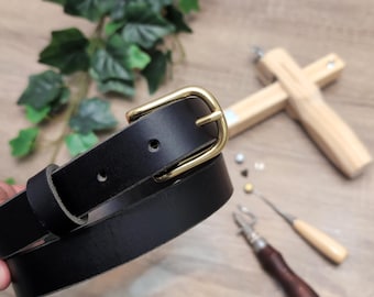 Slim Brass Buckle Tan Leather Belt: Handmade in Canada