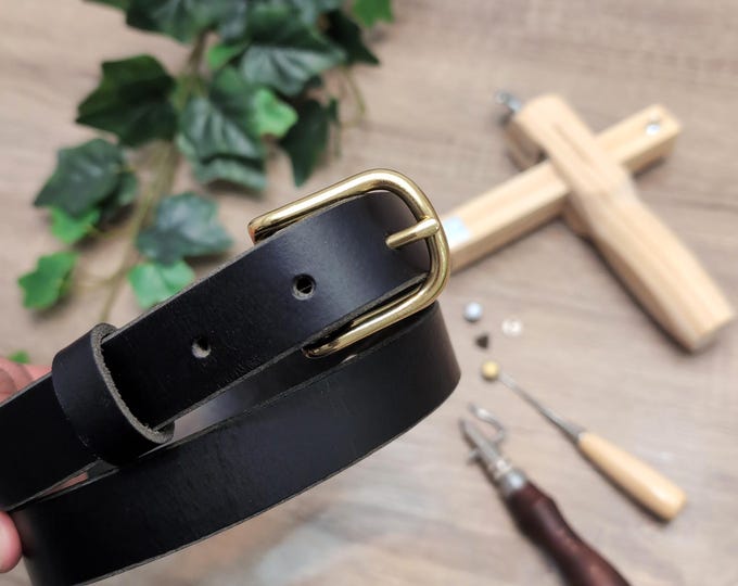 Slim Brass Buckle Tan Leather Belt: Handmade in Canada