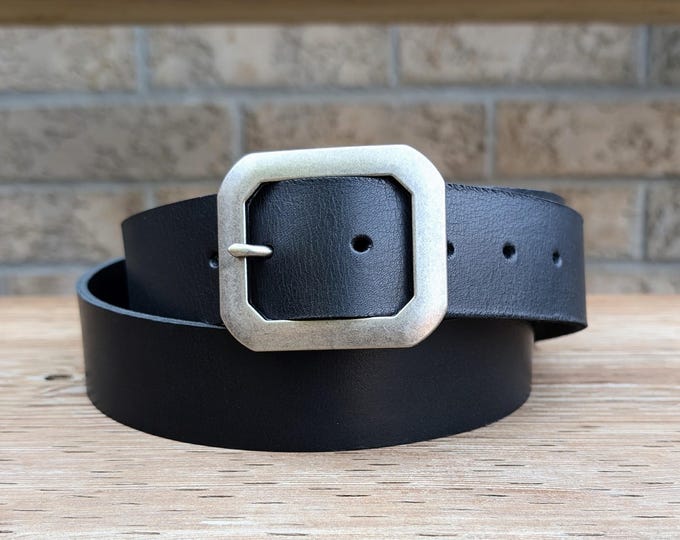 Full-grain leather belt with brass buckle statement buckle. 1.5-inch wide leather belt. Handmade In Canada