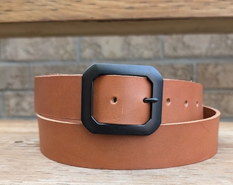 Black buckle  leather belt, handmade in Canada