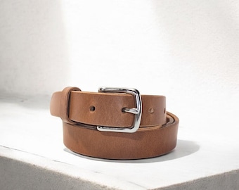 Slim Full-Grain Leather Belt: Women's Veg Tan Waist Belt, Handmade in Canada