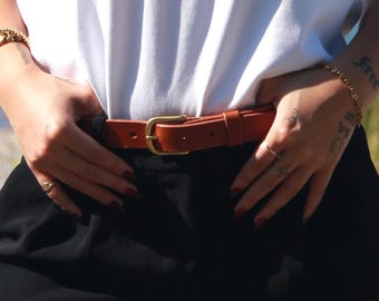 Slim Brass Buckle Tan Leather Belt: Handmade in Canada