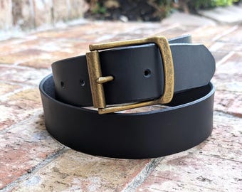 Antique brass Black leather belt - Handmade in Canada - Real leather belt