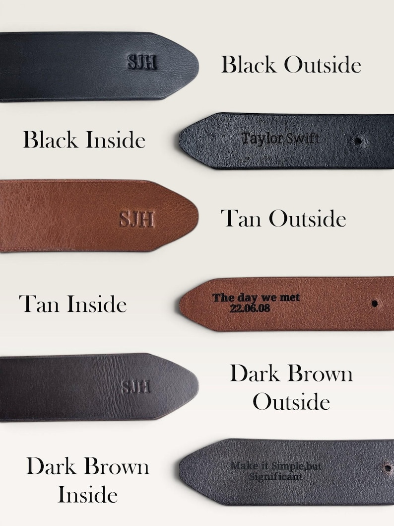 May include: Leather belt ends in black, tan, and dark brown. Each color shows an outside view with the embossed initials SJH and an inside view with custom text: Taylor Swift, The day we met 22.06.08, and Make it Simple, but Significant.