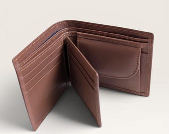 Full-Grain Leather Bi-Fold Wallet with Coin Pocket, Black, Maroon