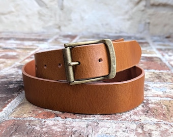 Tan Leather Belt - 1.5 inch, Brass Buckle, Full Grain real leather