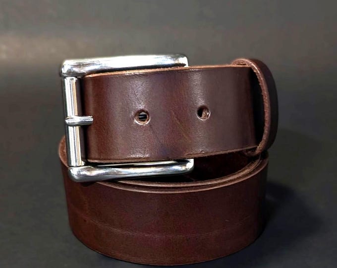 Brown Full Grain Leather Belt, Big Buckle, 1.5 inch wide, handmade in Canada